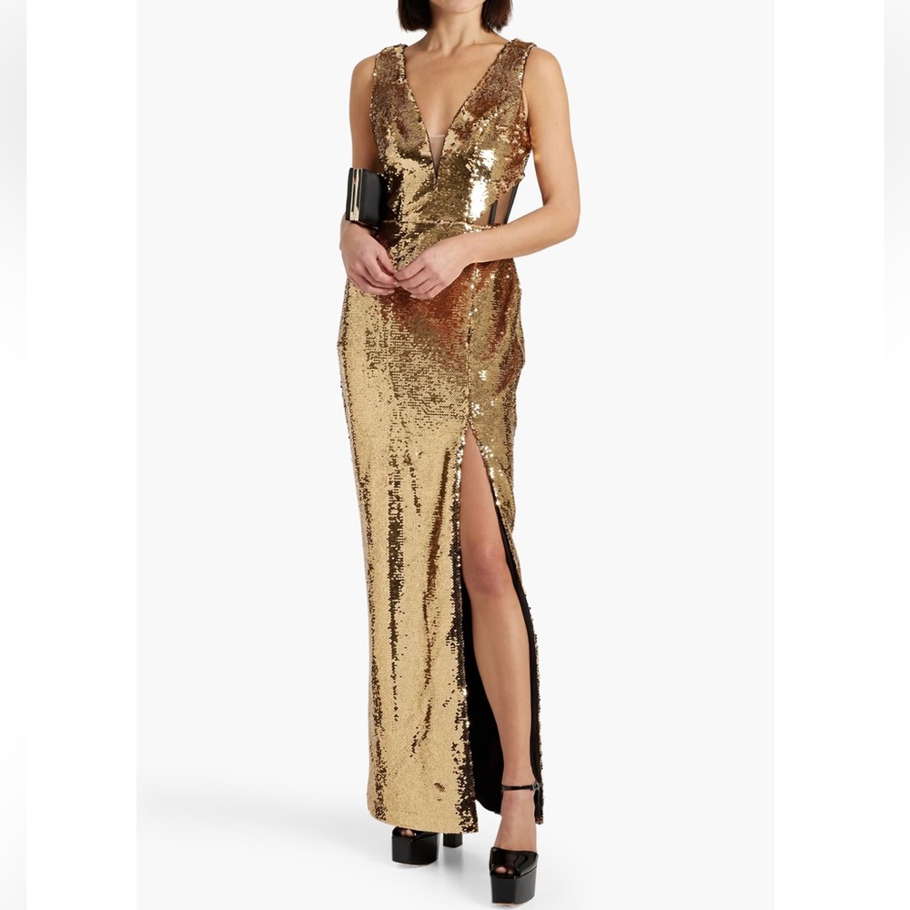 MARCHESA NOTTE Tulle-paneled sequined chiffon gown Size 8